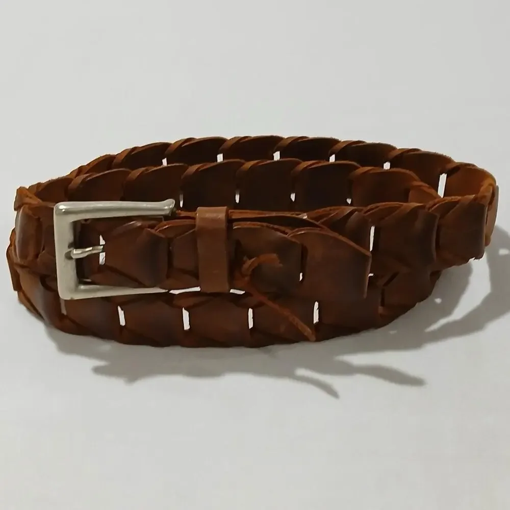 Braided Genuine Leather Belt Mens 42 Brown Woven Silver Buckle Adjustable